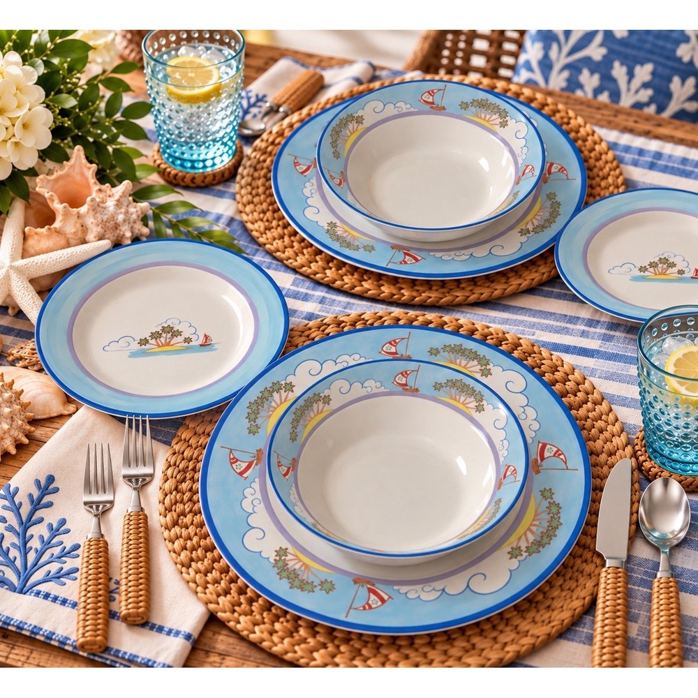 Marcia Ray Magnolia Nautical Compass Dinnerware Set 6pc 2 Plates 2 Salad 2 Bowls